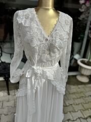 Şehrazat Butik Tasarım Çiçekli Elbise Beyaz