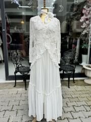 Şehrazat Butik Tasarım Çiçekli Elbise Beyaz