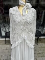 Şehrazat Butik Tasarım Çiçekli Elbise Beyaz