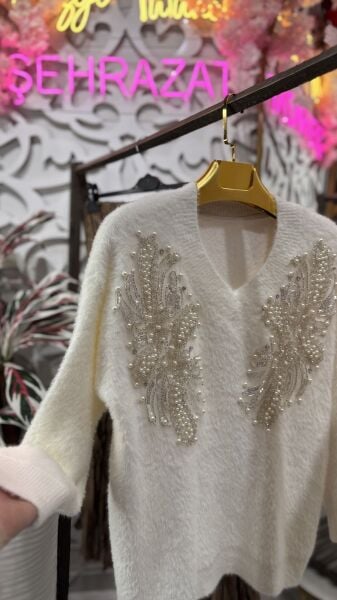 Şehrazat Butik İnci Tasarım Angora Ceket Kazak Standart