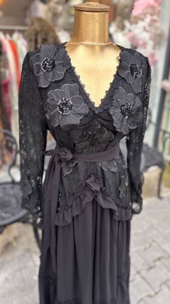 Şehrazat Butik Tasarım Çiçekli Elbise Siyah