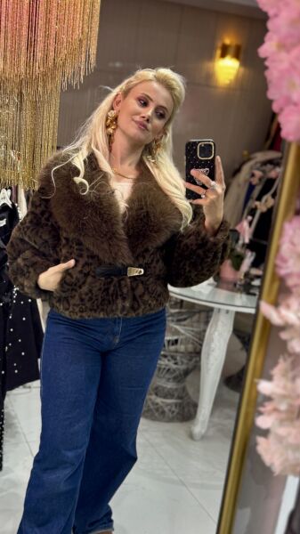 Şehrazat Butik Kemer Detaylı Leopar Desenli Kısa Tasarım Kürk