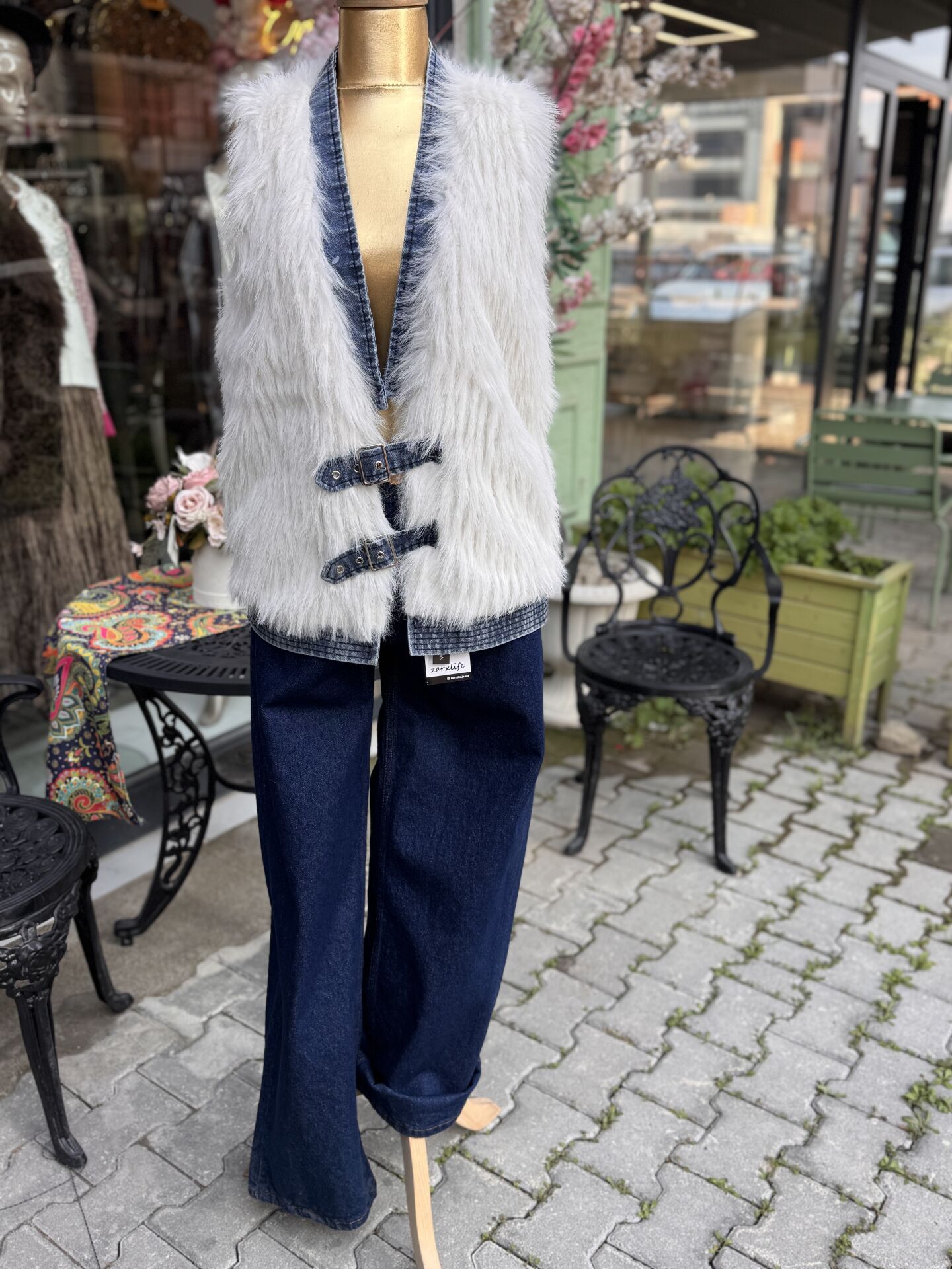 Şehrazat Butik Kot Detaylı Kendinden Kemerli Tasarım Kürk Yelek