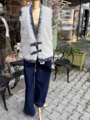 Şehrazat Butik Kot Detaylı Kendinden Kemerli Tasarım Kürk Yelek