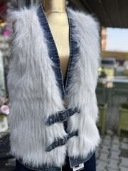 Şehrazat Butik Kot Detaylı Kendinden Kemerli Tasarım Kürk Yelek