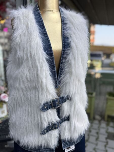 Şehrazat Butik Kot Detaylı Kendinden Kemerli Tasarım Kürk Yelek