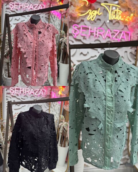 Şehrazat  Butik Güpürlü Düğmeli  Tasarım Gömlek