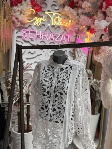 Şehrazat  Butik Güpürlü Düğmeli  Tasarım Şık Gömlek Standart