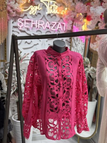 Şehrazat  Butik Güpürlü Düğmeli  Tasarım Şık Gömlek Standart