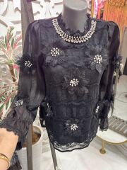 Şehrazat Butik Çiçek Detaylı Taşlı Tasarım Gömlek