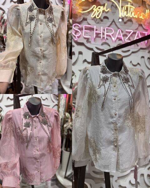 Şehrazat Butik Yakası Taş Detaylı Tasarım  Şık Gömlek