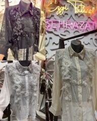 Şehrazat Butik Yaka Taş Detaylı Çiçekli Tasarım Gömlek