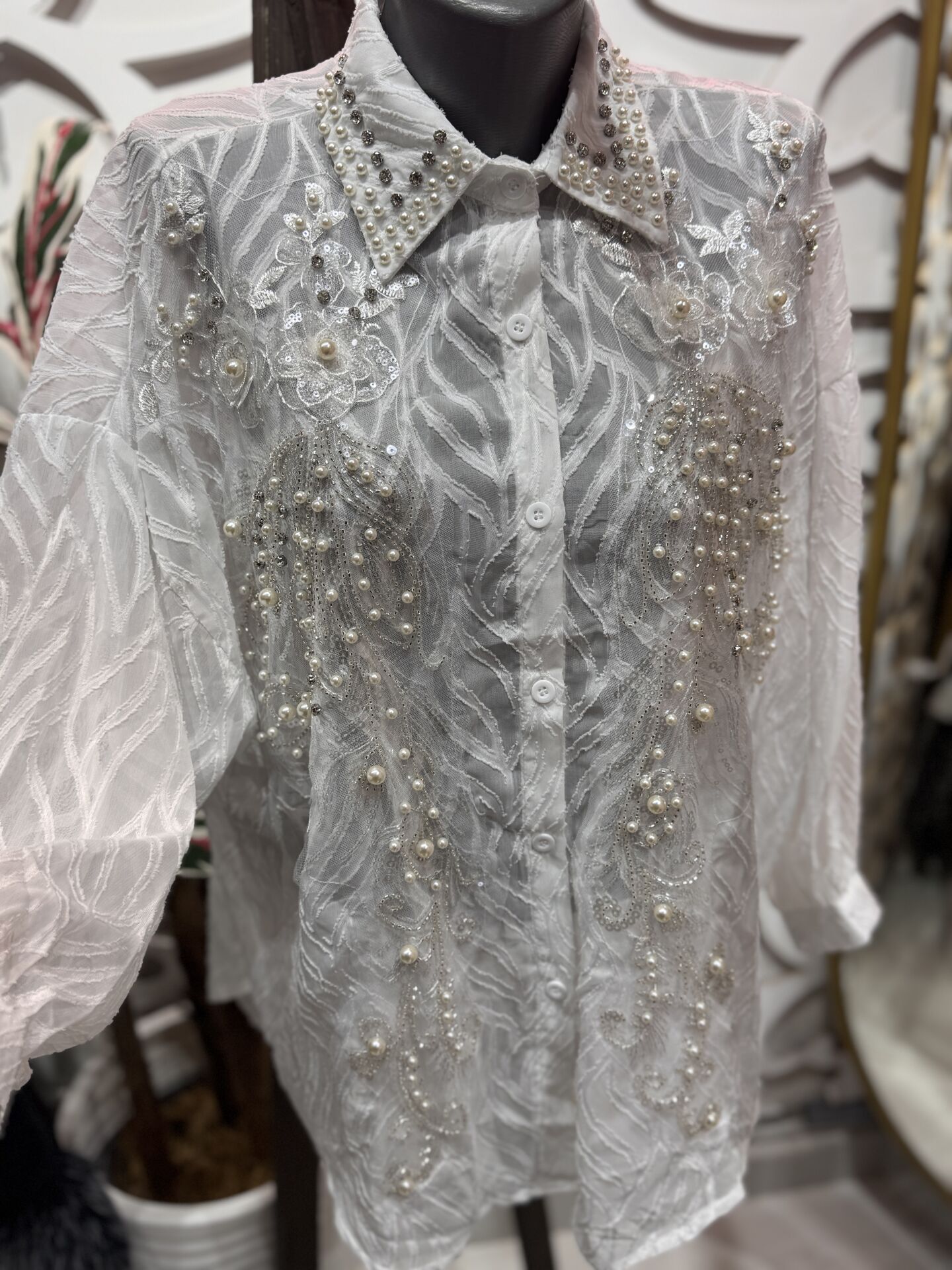 Şehrazat Butik İnci Yaka Detaylı Tasarım Şık Gömlek