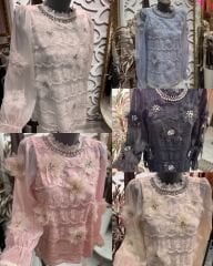 Şehrazat Butik Çiçek Detaylı Taşlı Tasarım Gömlek