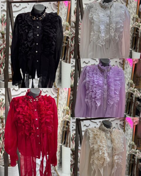 Şehrazat Butik Yakası Taş Detaylı Volanlı Gömlek