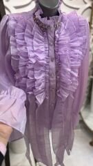 Şehrazat Butik Yakası Taş Detaylı Volanlı Gömlek