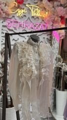 Şehrazat Butik Yakası Taş Detaylı Volanlı Gömlek