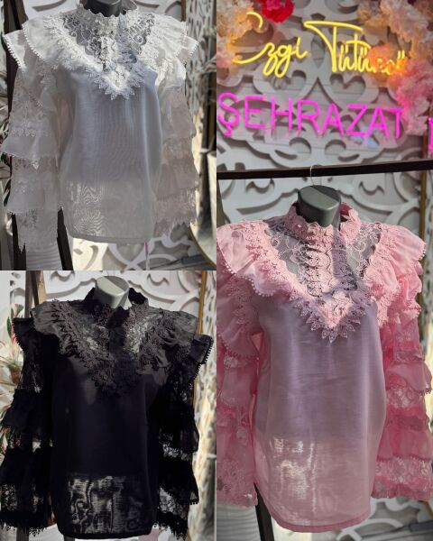 Şehrazat Butik Kolları Kat Kat ve Güpürlü Tasarım Gömlek