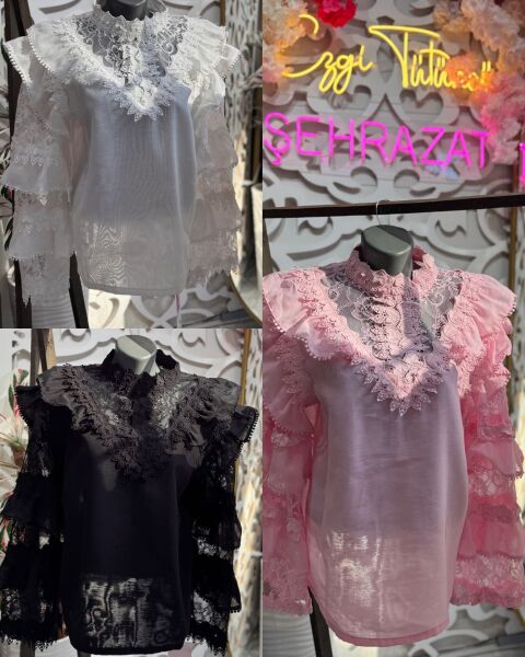 Şehrazat Butik Kolları Kat Kat ve Güpürlü Tasarım Gömlek