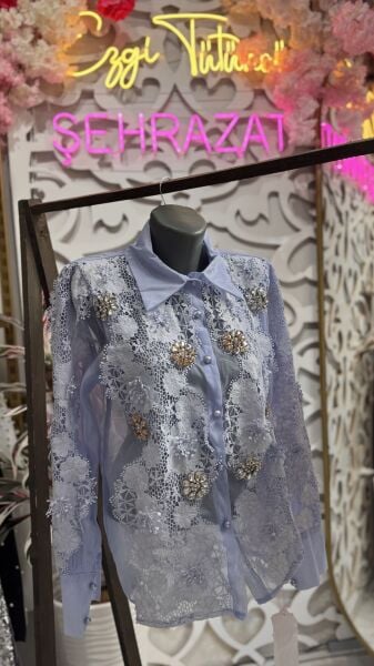 Şehrazat Butik Güpür Çiçekli Taşlı Tasarım Gömlek