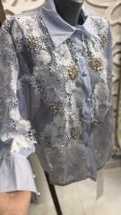 Şehrazat Butik Güpür Çiçekli Taşlı Tasarım Gömlek