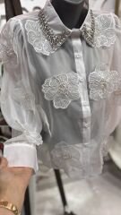 Şehrazat Butik Yaka Taş Detaylı Çiçekli Tasarım Gömlek