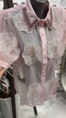 Şehrazat Butik Yaka Taş Detaylı Çiçekli Tasarım Gömlek