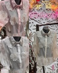 Şehrazat Butik Yaka Taş Detaylı Çiçekli Tasarım Gömlek