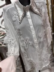 Şehrazat Butik Yakası Taş Detaylı Çiçekleri Taş İşlemeli Tasarım Gömlek