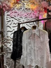 Şehrazat Butik Yakası Taş Detaylı Çiçekleri Taş İşlemeli Tasarım Gömlek