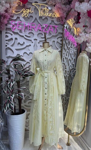 Şehrazat Tasarım Linda Fransız Dantel Elbise (Açık Sarı)