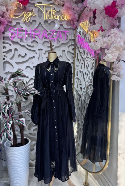 Şehrazat Tasarım Linda Fransız Dantel Elbise Siyah( KEMER DAHİL DEĞİLDİR)