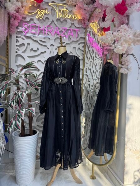 Şehrazat Tasarım Linda Fransız Dantel Elbise Siyah( KEMER DAHİL DEĞİLDİR)