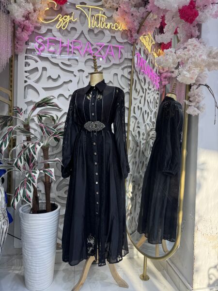 Şehrazat Tasarım Linda Fransız Dantel Elbise Siyah( KEMER DAHİL DEĞİLDİR)