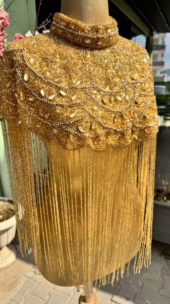 Şehrazat Tasarım Elişi Pelerin (AÇIK GOLD)