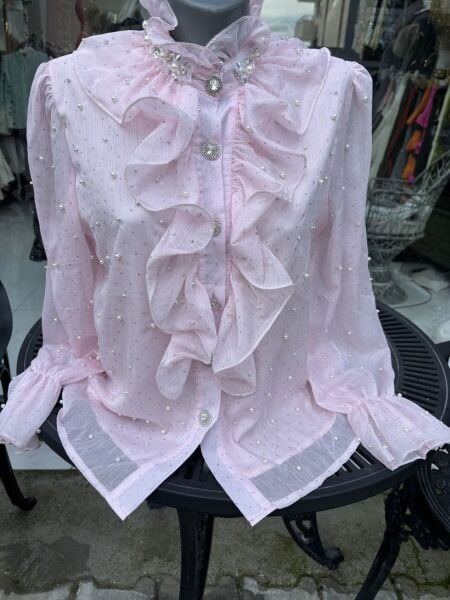 Şehrazat Butik İnci Detaylı Volanlı Tasarım Gömlek