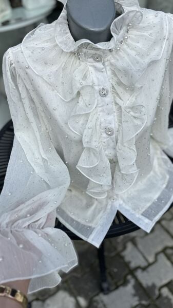 Şehrazat Butik İnci Detaylı Volanlı Tasarım Gömlek
