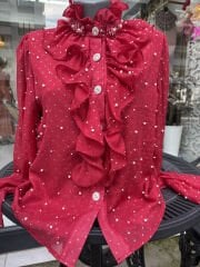 Şehrazat Butik İnci Detaylı Volanlı Tasarım Gömlek