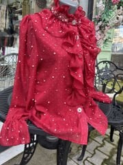 Şehrazat Butik İnci Detaylı Volanlı Tasarım Gömlek