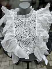 Şehrazat Butik Volanlı Orkide Kolsuz Tasarım Gömlek