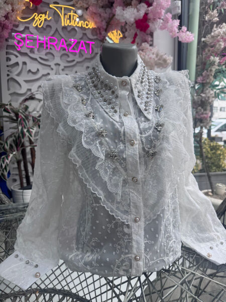 Şehrazat Butik Yakası İnci Detaylı Tasarım Gömlek (89078)