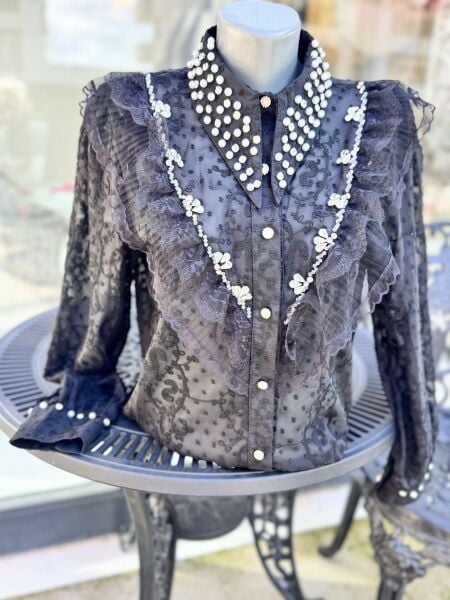 Şehrazat Butik Yakası İnci Detaylı Tasarım Gömlek (89078)