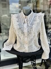 Şehrazat Butik Yakası İnci Detaylı Tasarım Gömlek (89078)