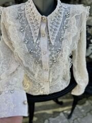 Şehrazat Butik Yakası İnci Detaylı Tasarım Gömlek (89078)